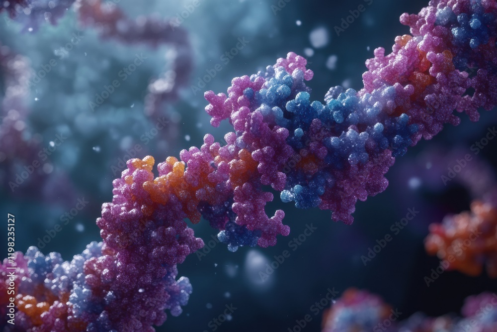 Leinwandbilder Molecular RNA chain in close up with surrounding viruses highlighting intricate biological interactions. Generative AI