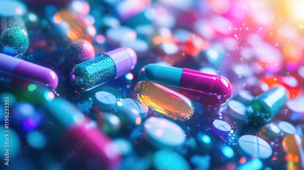 Poster Abstract view of antibiotics interacting with bacteria under microscopy for health research and scientific discovery. Generative AI