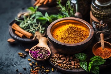Artful Display of Spices Highlighting Turmeric and Diverse Natural Herbs : Generative AI