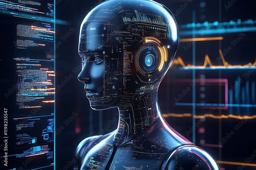 Aufkleber Advanced AI Data Visualization with Cybernetic Human Interaction and Futuristic Design : Generative AI