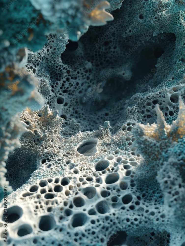 Poster Dense layer of microbes thriving in aquatic environment showcasing intricate structures and textures beneath water surface. Generative AI