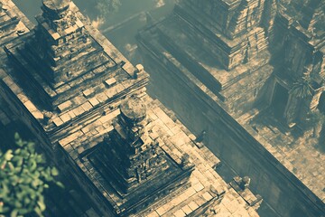 Obraz premium Aerial View of Ancient Stone Temple Ruins, Mystical Haze, Southeast Asia