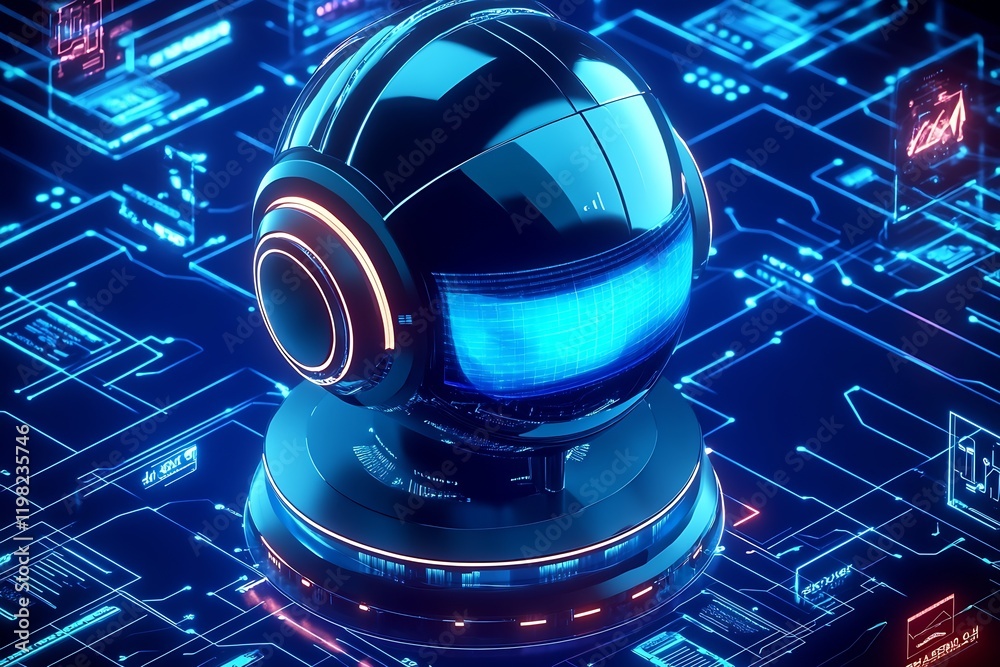 Poster Innovative Robotic Interface with Neon Blue Features in a Complex Cyberspace : Generative AI