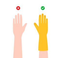 Hangs Right and wrong without wearing gloves cartoon Yellow cleaning protective Gloves Fashion accessory illustration garment. Dish wash Vector for Men women flat template style isolated on white