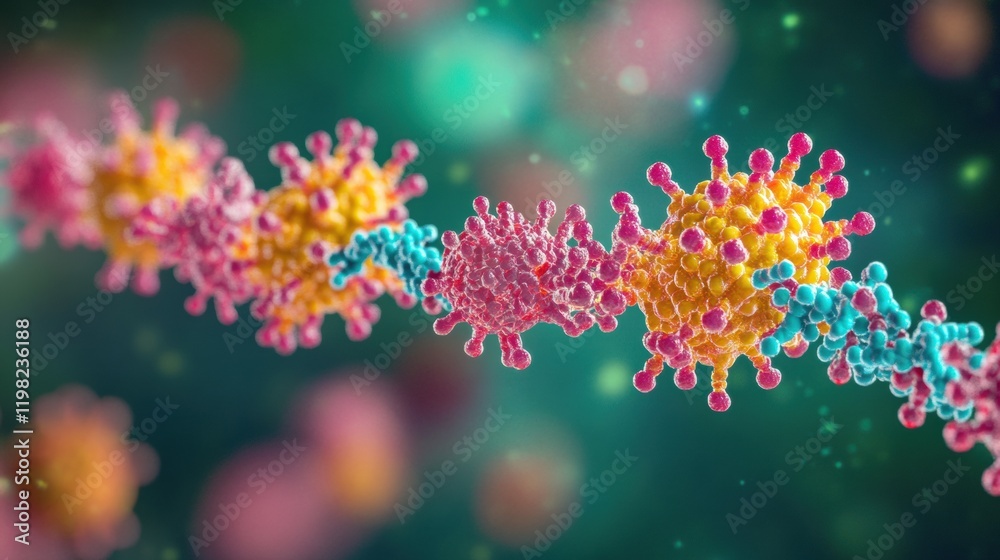Leinwandbilder close up view of a molecular rna chain surrounded by colorful viruses highlighting complex interacti
