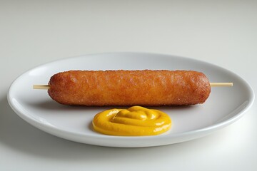 A crispy corn dog on a white plate with a dollop of yellow mustard.