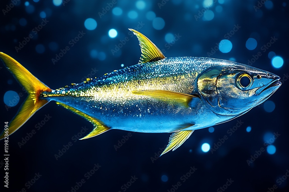 Poster Vibrant Blue Ocean Fish with Bokeh Underwater Background : Generative AI