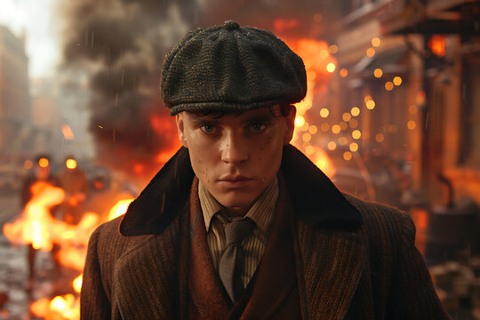 crime drama scene, a peaky blinders character glances at the camera as action unfolds in the background, with gunfire and explosions