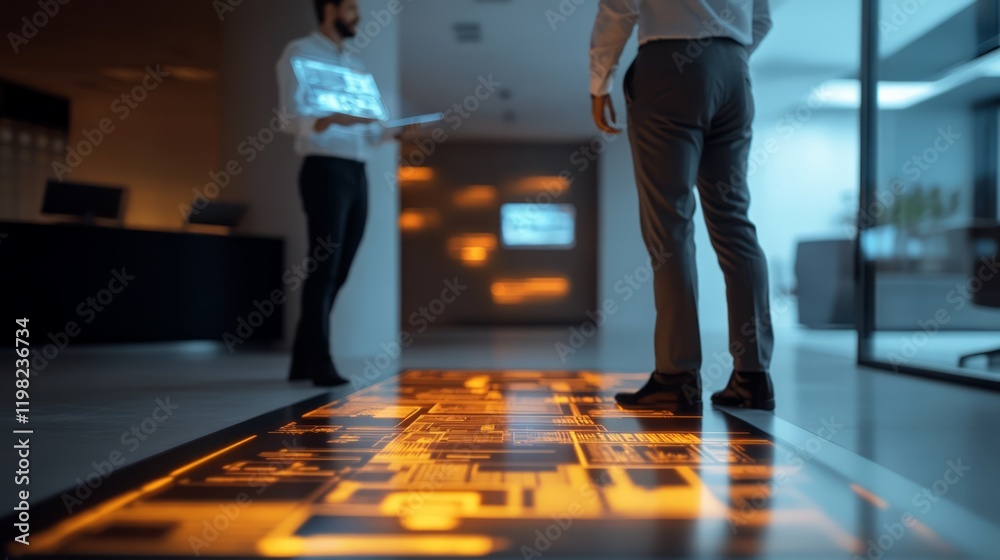 Poster futuristic office environment with digital projection on floor highlighting innovative technology co