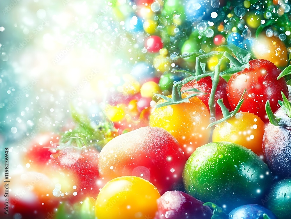 Poster close-up of colorful tomatoes and peppers with artistic light and bokeh effect : generative ai