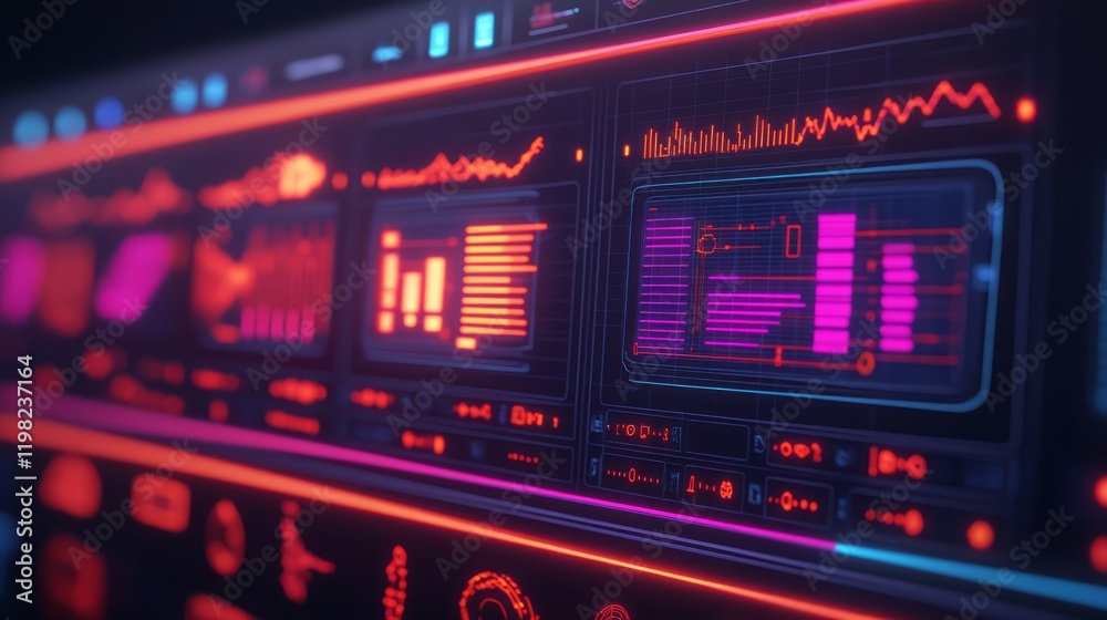 Poster futuristic digital interface display with colorful graphs, charts, and data visualizations in neon l