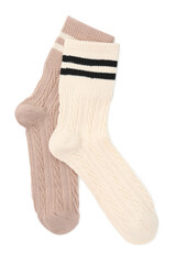 Pair of colorful socks isolated on white, top view