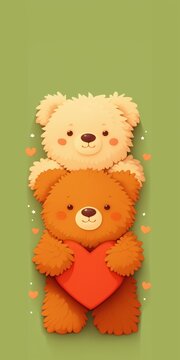 Adorable Fluffy Bears Holding a Heart in a Stack on a Green Background Cartoon Illustration Perfect for Mobile Wallpapers