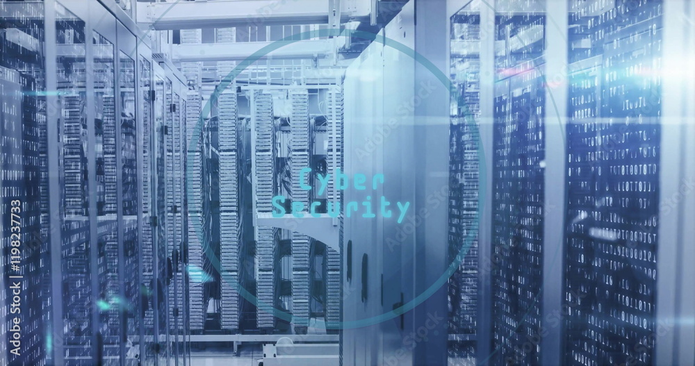Poster image of key icon and digital data processing over computer servers