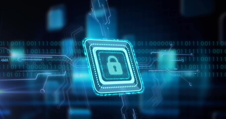 Image of padlock icon, binary coding data processing over circuit board