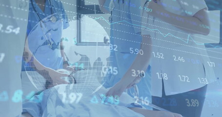 Image of data processing and globe over diverse doctors with patient in hospital