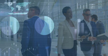 Image of data processing and diagrams over diverse business people walking