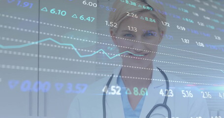 Image of data processing and diagrams over caucasian female doctor smiling