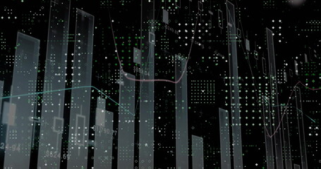 Image of data processing and diagrams on black background
