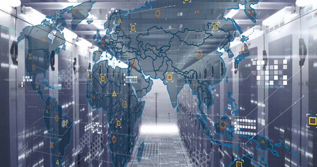 Image of world map and digital data processing over computer servers