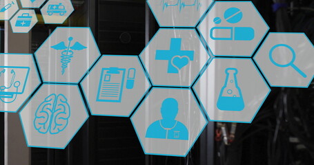 Image of scientific and medical icons with data processing over computer servers