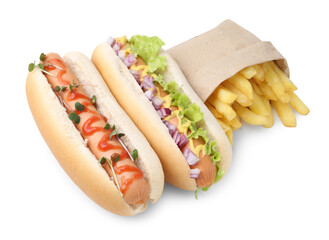 Tasty hot dogs with fries isolated on white