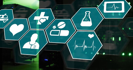 Image of scientific and medical icons with data processing over computer servers