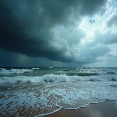 Fototapeta premium Dramatic storm clouds over a restless sea waves crashing on a sandy shore A powerful display of nature's force