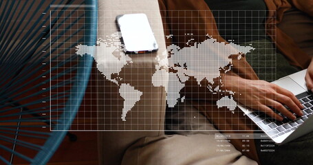 Image of digital data processing over caucasian woman using laptop