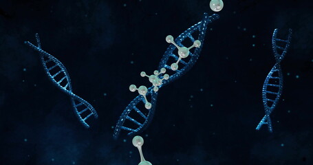 Image of floating molecules over dna strands on dark backgraund