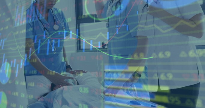 Image of data processing and diagrams over diverse doctors with patient in hospital