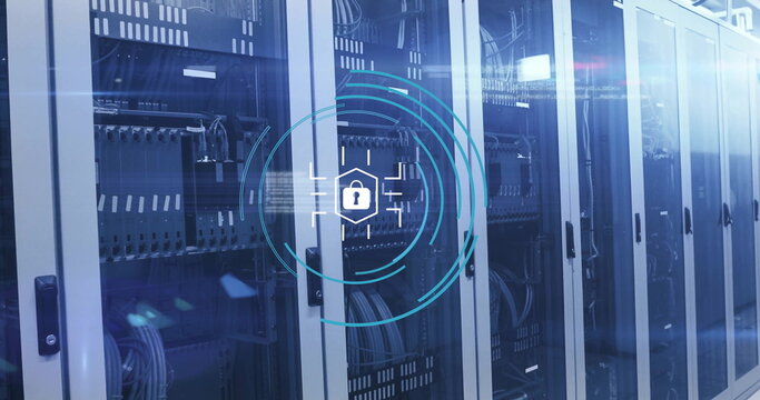 Image of padlock icon and digital data processing over computer servers