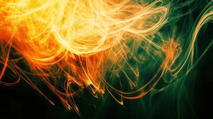 Fototapeta premium Abstract fiery swirls and dark green smoke on black background.