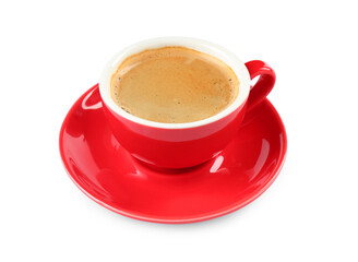 Red cup of aromatic coffee and saucer isolated on white