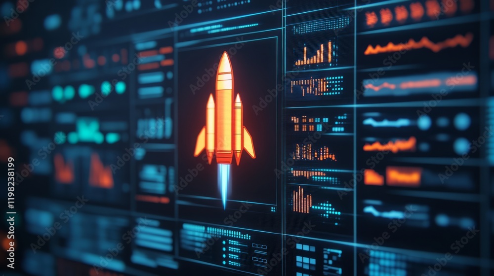 Poster futuristic data interface featuring rocket launch concept with dynamic graphs, charts, and visualiza