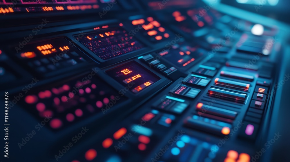Poster futuristic control panel interface with glowing buttons and high-tech displays in a sci-fi environme