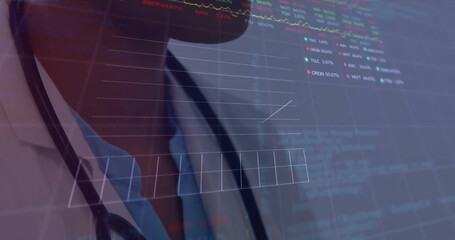 Image of financial data processing over biracial female doctor