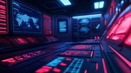 Obraz premium Futuristic Control Room with High-Tech Displays and Neon Lights Reflecting a Global Network, Depicting Cybersecurity and Data Monitoring in a Sci-Fi Environment
