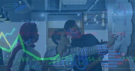 Image of charts processing data over diverse colleagues brainstorming at casual office