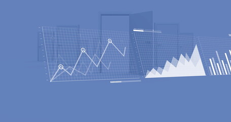 Image of interfaces with charts processing data over blue doors