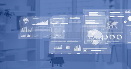 Image of interface charts processing data over interior with cityscape view