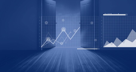 Naklejka premium Image of interface charts processing data over open doors in blue room