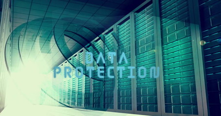 Image of global data network and loading rings over server room