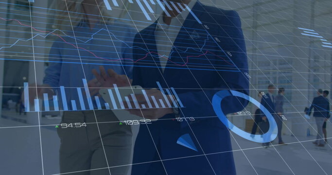 Image of financial data processing over diverse business people in office