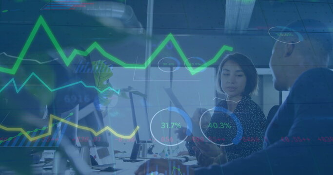 Image of charts processing data over diverse colleagues talking at casual office
