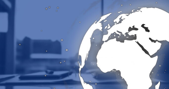 Image of rotating globe and processing data over blue office with cityscape view