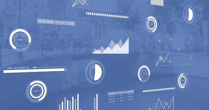 Image of charts processing data over blue cityscape - Powered by Adobe