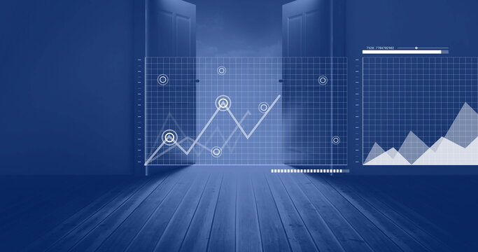 Image of interface charts processing data over open doors in blue room