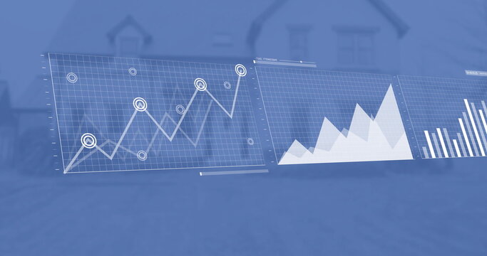 Image of interface charts processing data over blue house