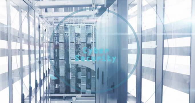 Image of cyber security text and biometric eye scanner over server room